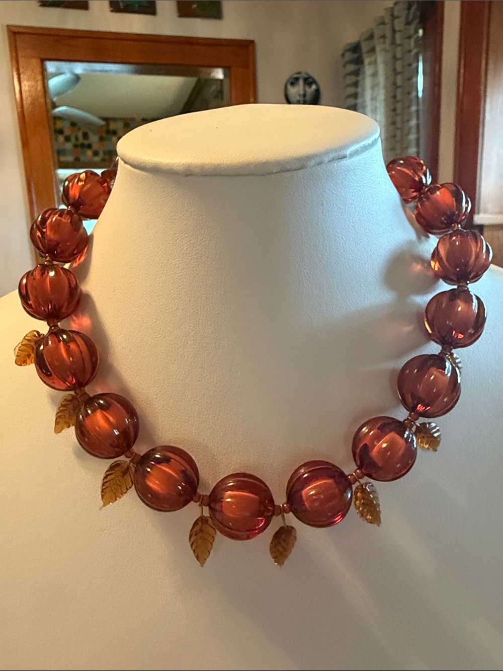 Audrey Limoges Collection Amber Resin Bead Necklace with Leaf Charms